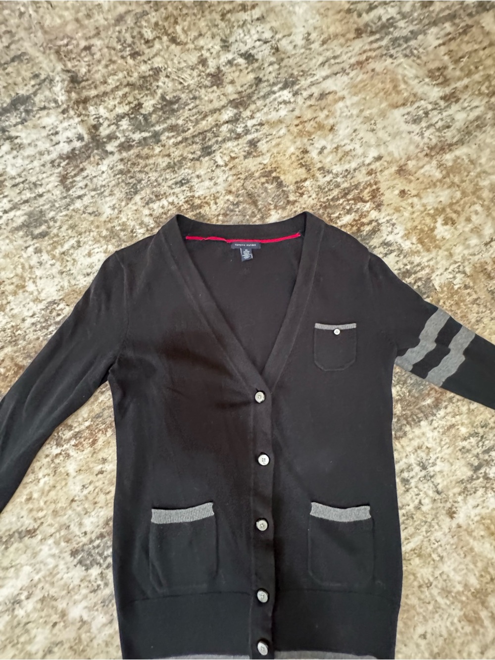 Tommy Hilfiger Women's Varsity Stripe Cardigan Sweater Black Grey Sz XS Academia